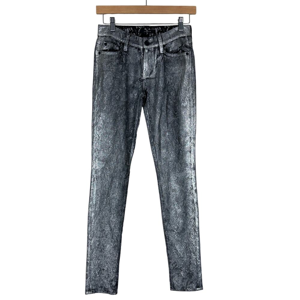 7 For All Mankind Jeans Womens 25 Silver Metallic Lace Skinny Glam Rocker Skater